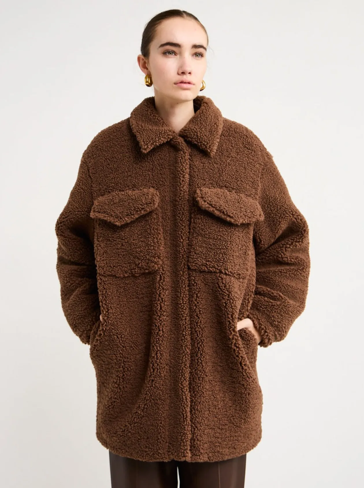 New Carla Teddy Faux Fur Shacket In Tabacco Women Jackets & Coats