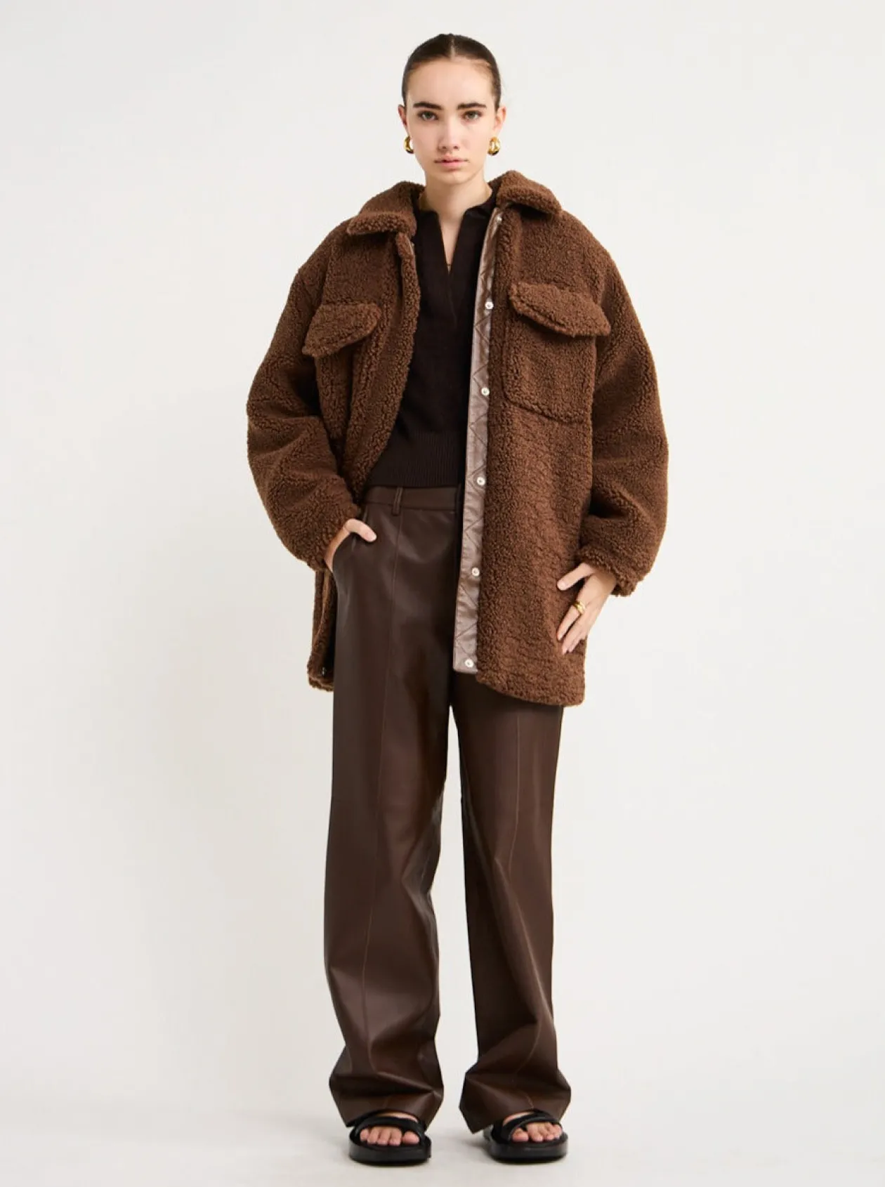 New Carla Teddy Faux Fur Shacket In Tabacco Women Jackets & Coats