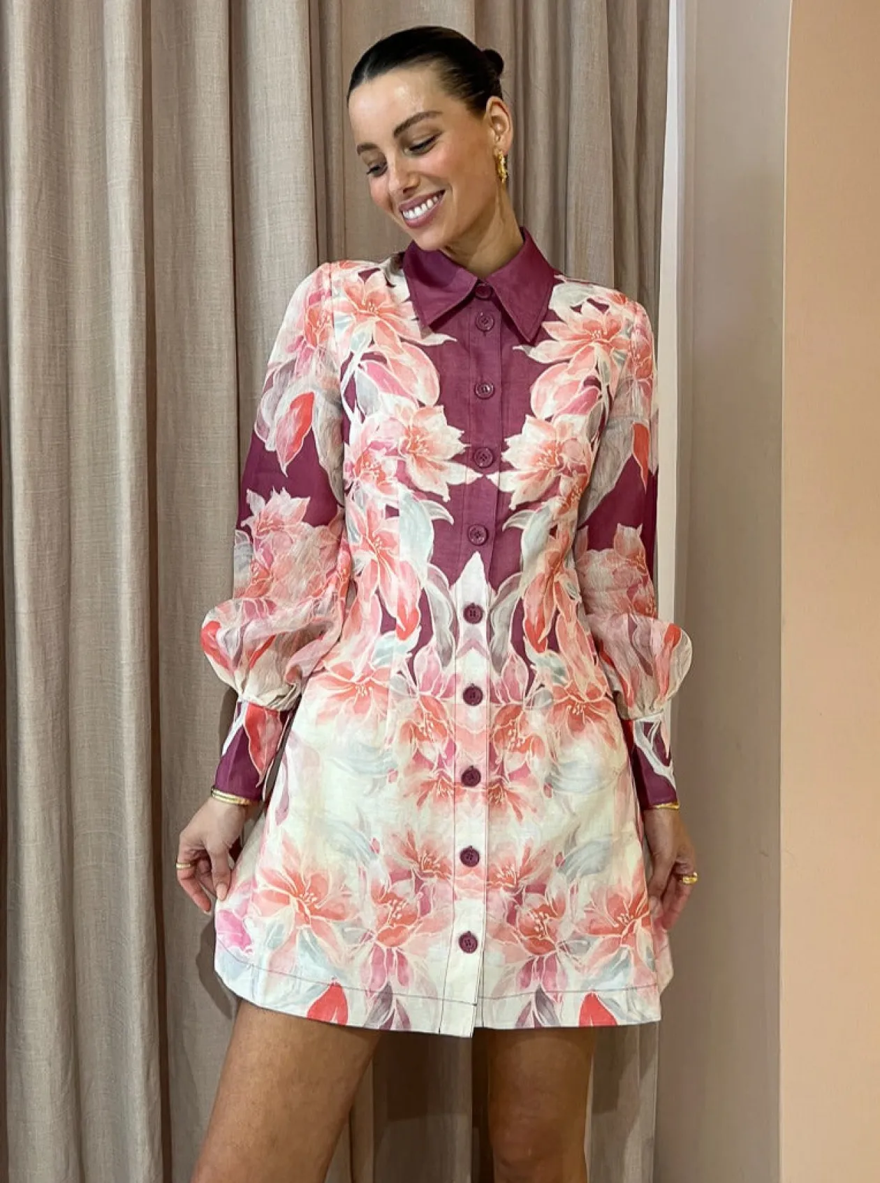 Shop Luminous Silk Linen Mini Dress In Orient Print In Hibiscus Women Dresses