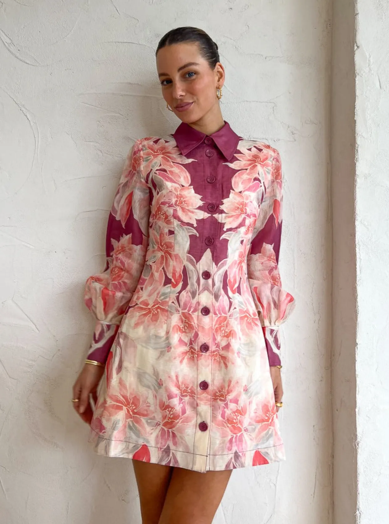 Shop Luminous Silk Linen Mini Dress In Orient Print In Hibiscus Women Dresses