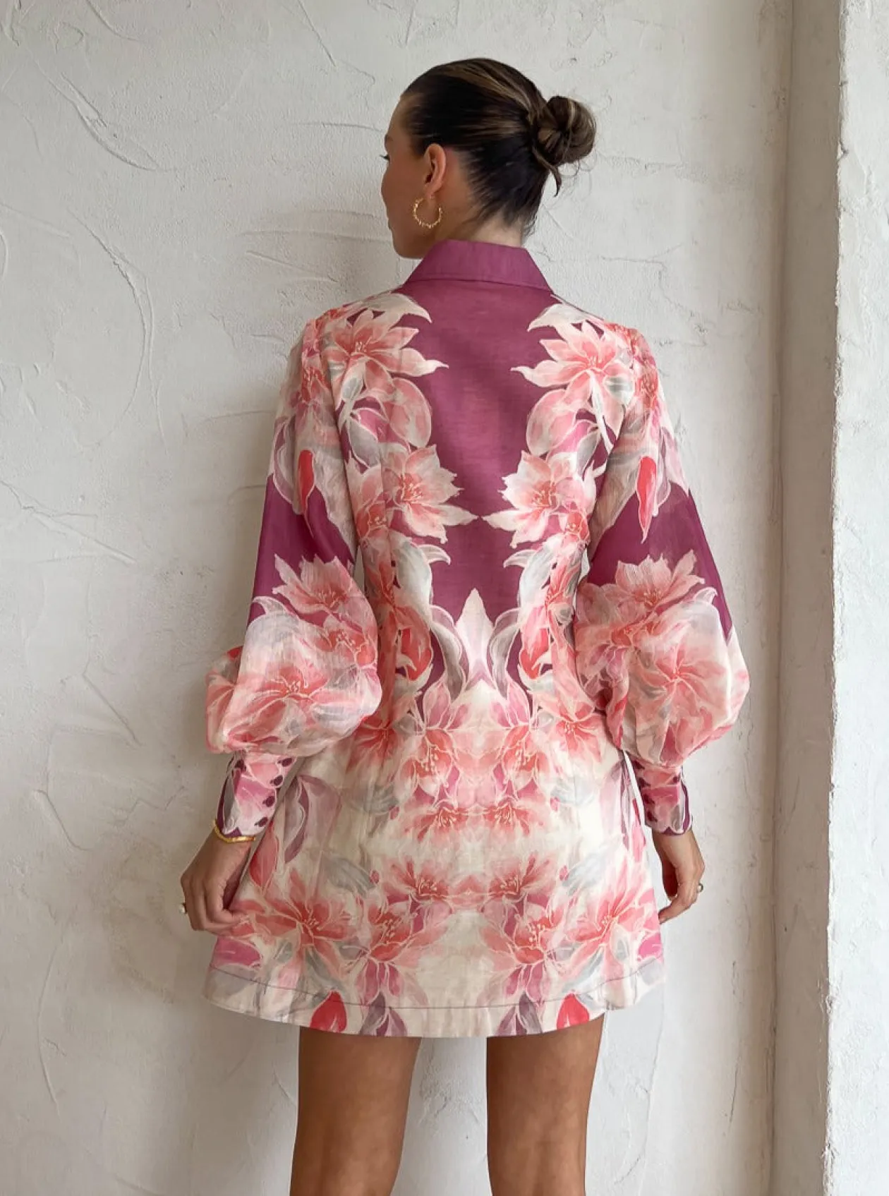 Shop Luminous Silk Linen Mini Dress In Orient Print In Hibiscus Women Dresses